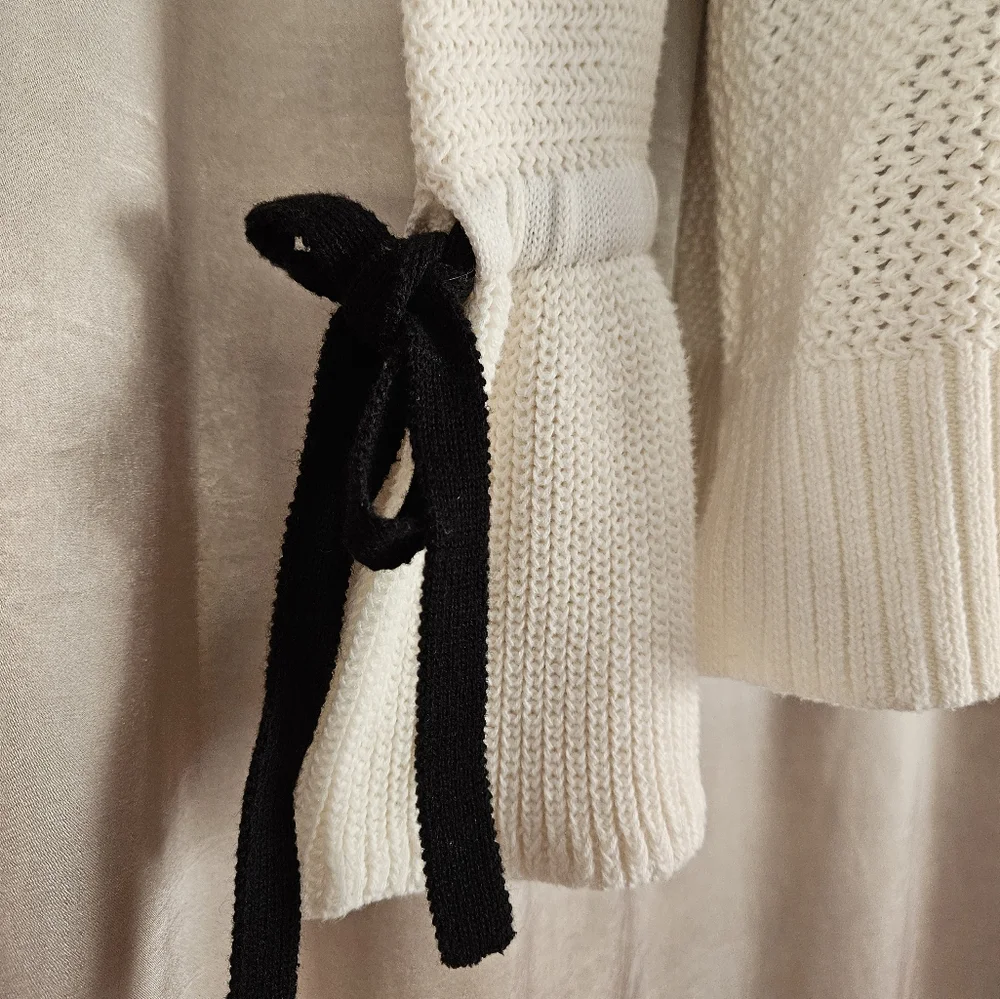 NWOT LOFT white open knit bell sleeve ribbon sweater Womens Medium - Picture 2 of 7